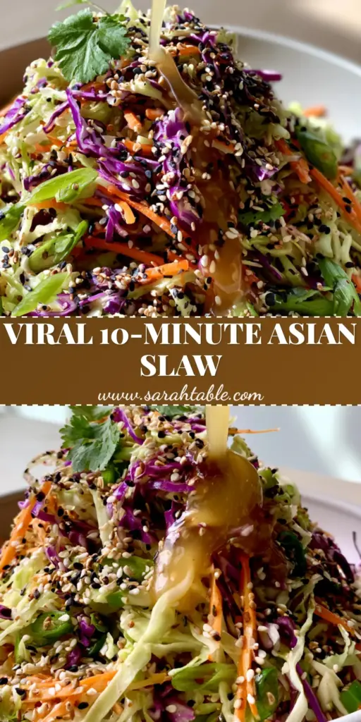 A vibrant Asian cabbage slaw in a white bowl topped with orange carrots, green scallions, and black and white sesame seeds.