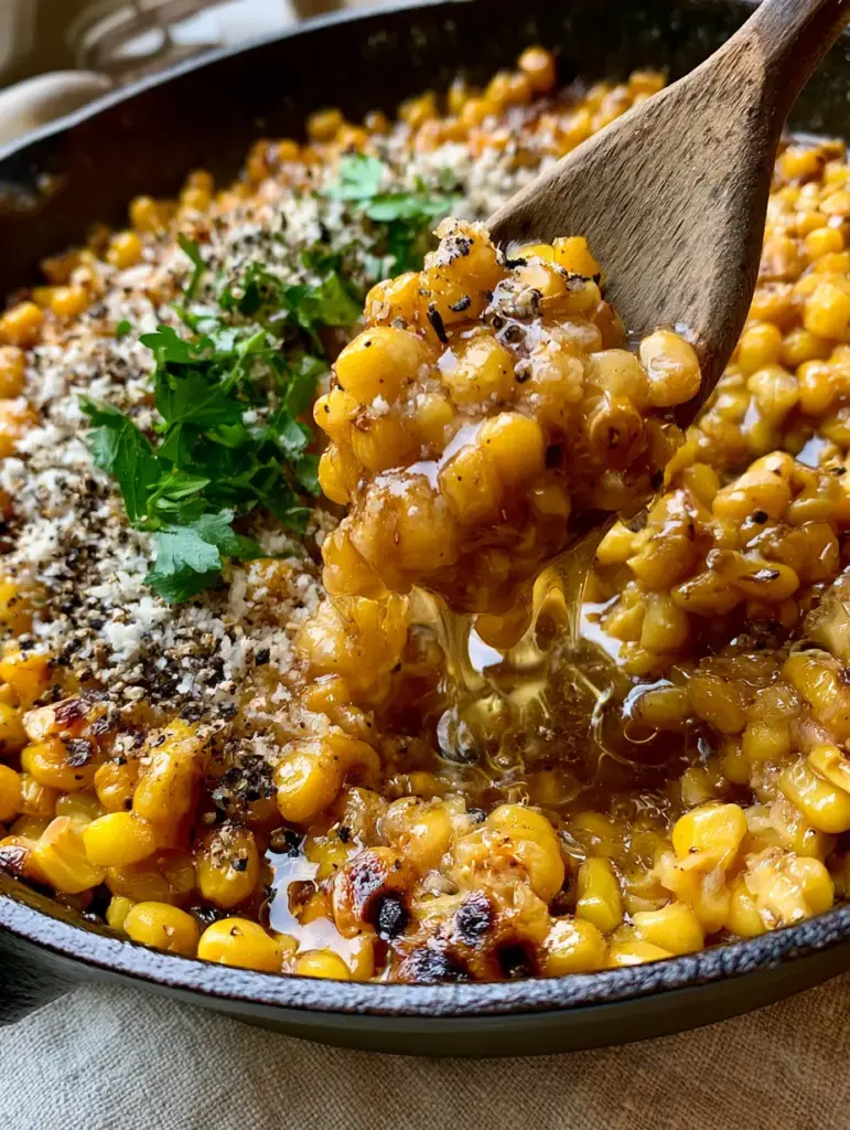 Honey Butter Skillet Corn: The Ultimate 15-Minute Side Dish 2 Overhead view of Honey Butter Skillet Corn showing detailed caramelization, charred brown edges, and melted butter droplets.