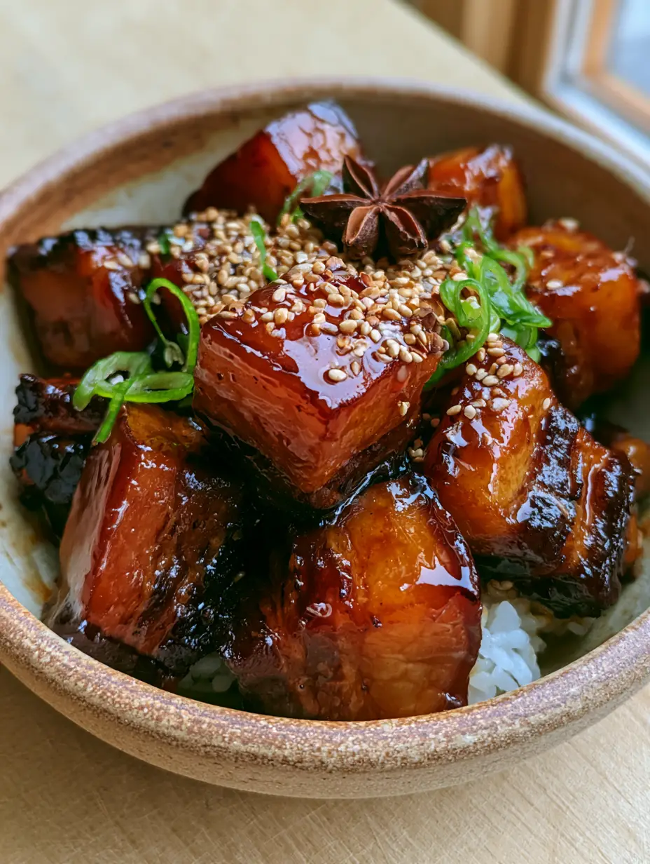 Close up of cubed pork belly with caramelized fat layers and a thick mahogany soy glaze. (Instant Pot Chinese Braised Pork)