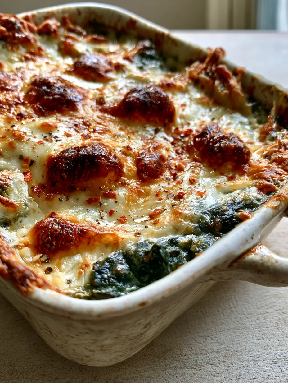 Close-up of molten mozzarella and cheddar bubbles on top of a dark green spinach casserole base.