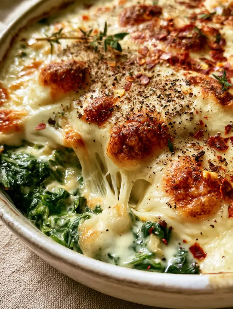 Stretchy cheese pull from a rustic white ceramic dish filled with wilted emerald green spinach and garlic cream sauce.