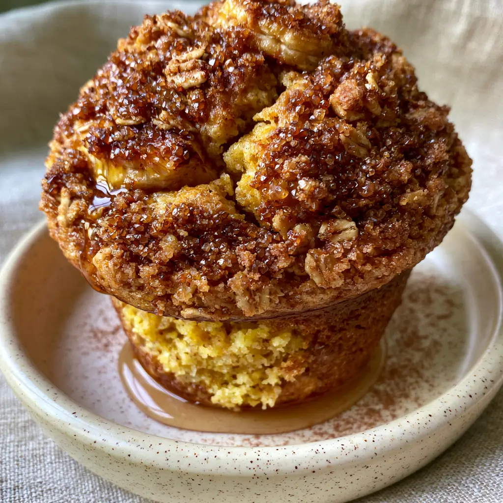 A top-down view of the deeply caramelized golden-brown streusel and coarse demerara sugar on banana crunch muffins.