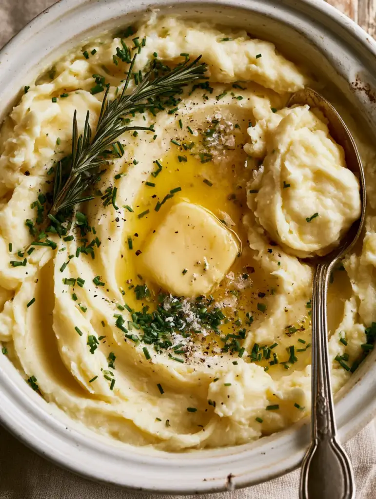 Thanksgiving Potato Recipe: The Ultimate Slow Cooker Whipped Yukon Golds 1 A silver spoon lifting a dollop of thick, creamy Yukon Gold mashed potatoes garnished with rosemary and sea salt.