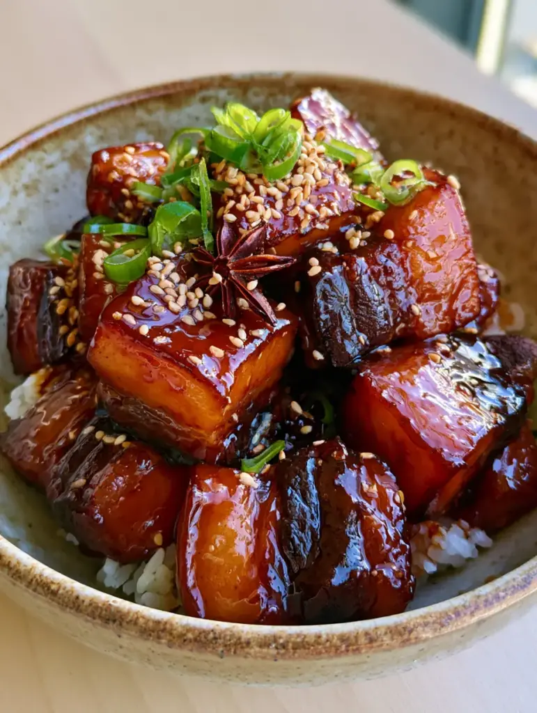 Instant Pot Chinese Braised Pork served in a rustic bowl with star anise and green scallion garnishes on a wooden table.