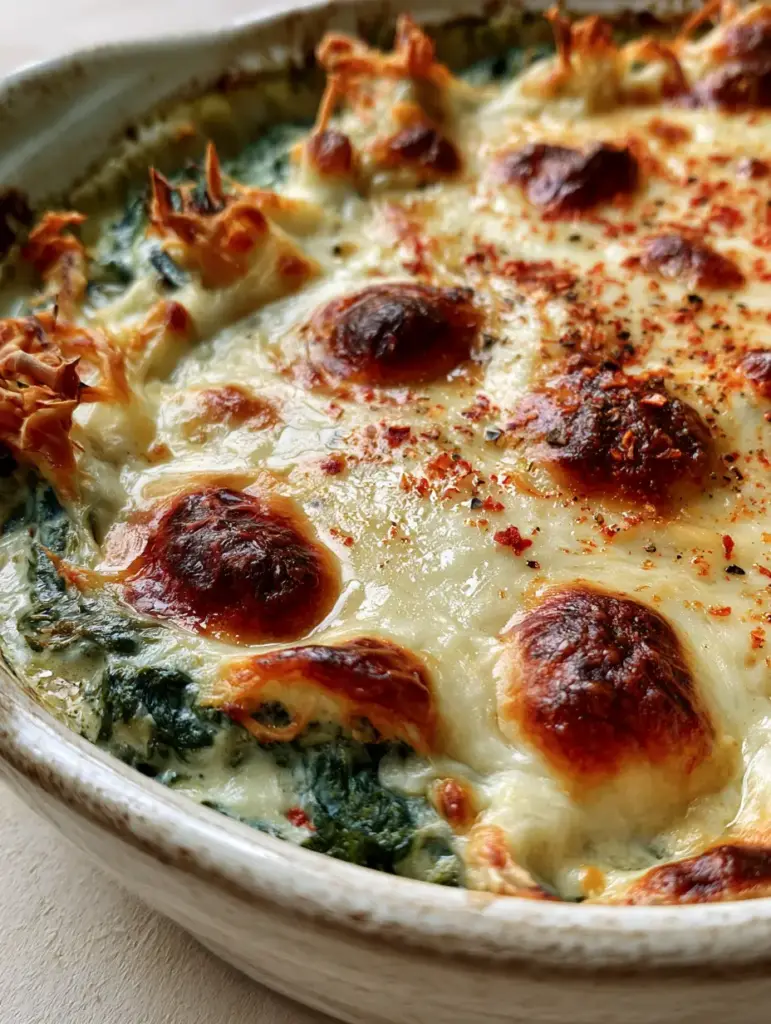 Handheld smartphone photo showing the thick, creamy emerald green spinach texture beneath a lacy parmesan crust.