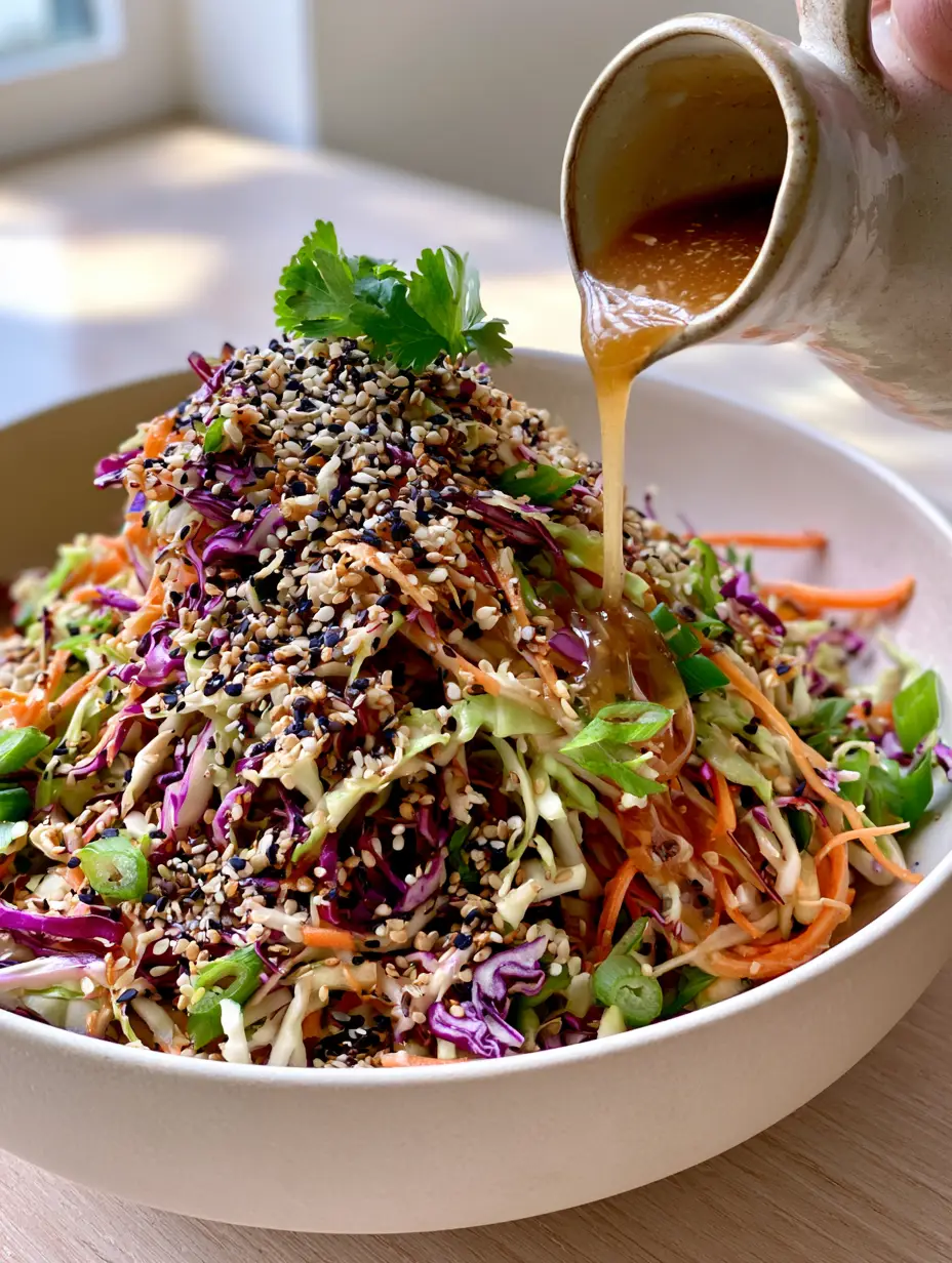 Action shot of glossy honey-colored dressing pouring onto a vibrant mountain of Asian cabbage slaw.