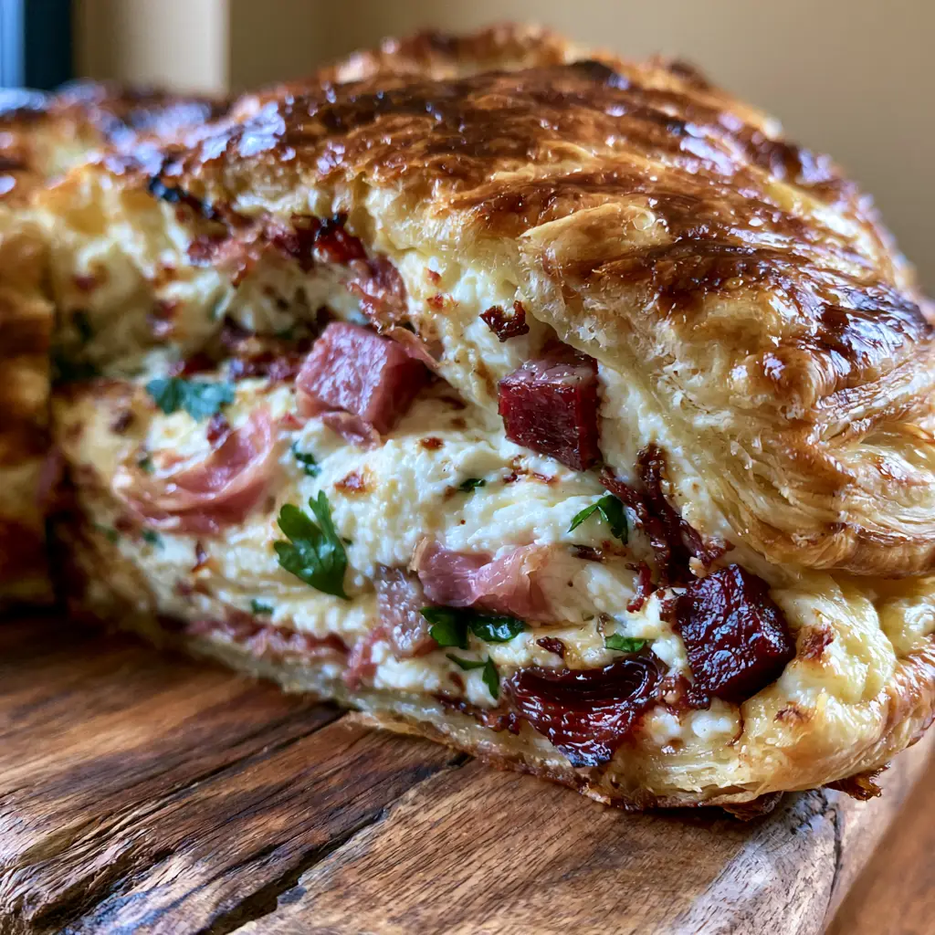 Top view of a whole Pizza rustica with a glossy golden-brown egg wash finish and flaky pastry edges.