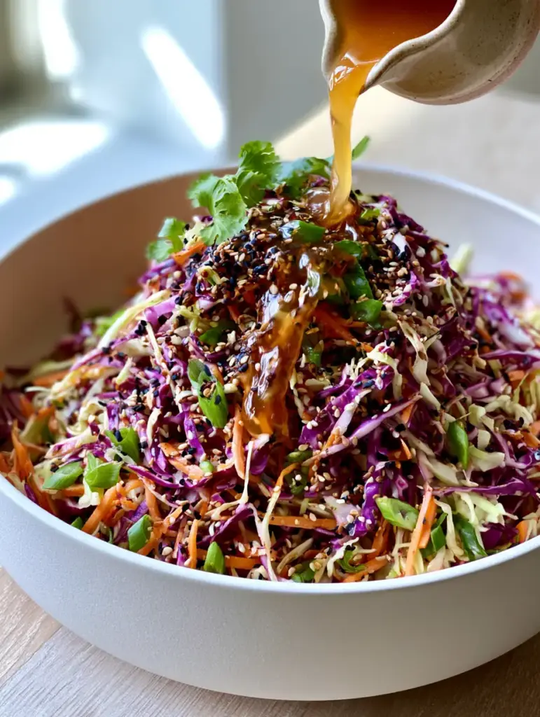 Close up of shredded green and purple cabbage with julienned carrots and toasted sesame seeds in an Asian cabbage slaw.