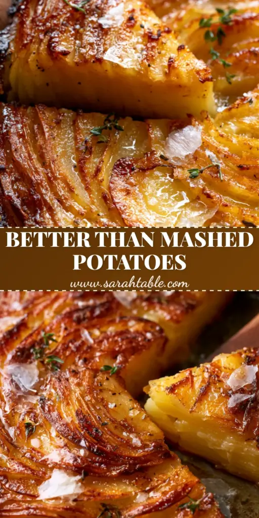 A top-down view of Anna Potatoes in a cast iron skillet showing a perfect concentric rose pattern with dark mahogany caramelized edges and fresh thyme.