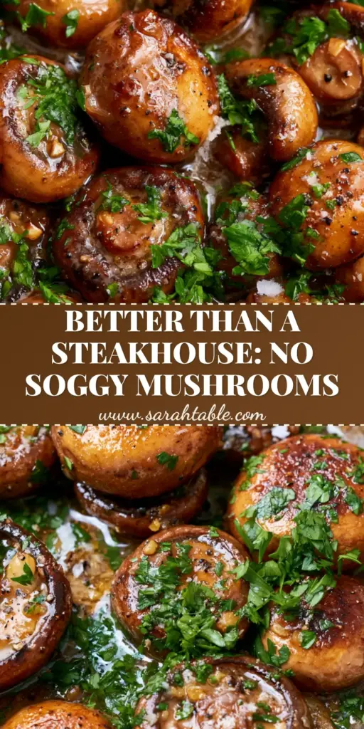 Creamy Garlic Mushrooms: The Secret to Restaurant-Quality Skillet Sides 3 A tall Pinterest pin image showing a close-up of creamy garlic mushrooms in a cast iron skillet with heavy parsley garnish and glossy sauce.