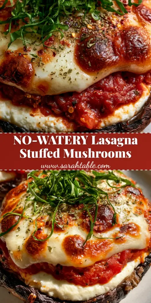 A vertical shot of two lasagna stuffed portobello mushrooms with bubbling mozzarella cheese and fresh basil ribbons, perfect for a Pinterest dinner idea.