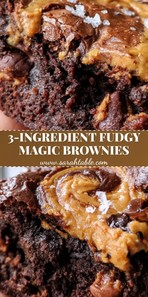 A stack of flourless chocolate peanut butter brownies showing the shiny crinkle top and gooey center with flaky salt. (flourless chocolate peanut butter brownies)