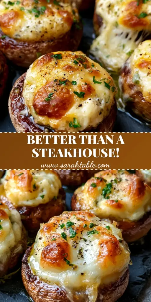Garlic Parmesan-Stuffed Mushrooms: The Ultimate Party Appetizer 4 A vertical photo of Garlic Parmesan-Stuffed Mushrooms with bubbly golden cheese peaks and fresh parsley garnish on a dark platter.