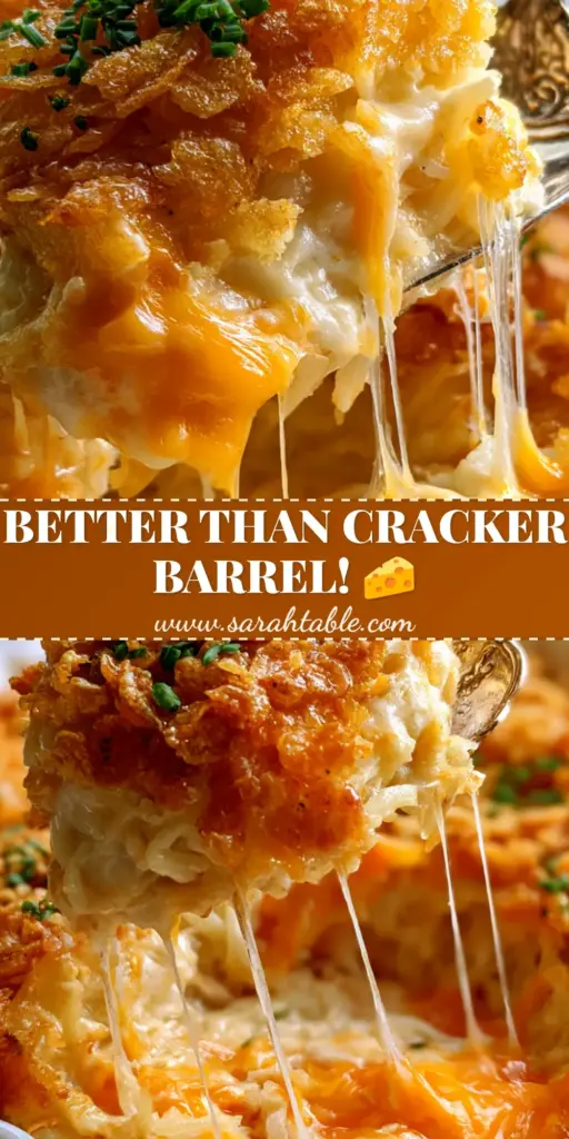 A close-up shot of a cheesy potato casserole scoop with a long cheese pull and golden cornflake topping.