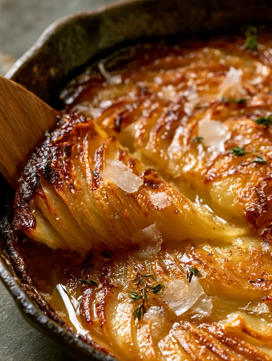 Extreme macro close-up of golden-brown Anna Potatoes showing translucent crispy shards and flaky Maldon salt.