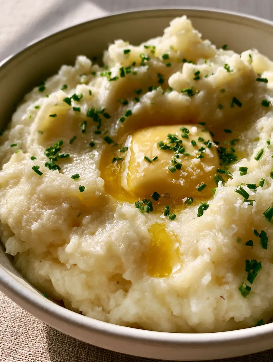 Extreme macro close-up of airy, cloud-like homemade mashed potatoes in a white bowl with yellow butter and green chives.