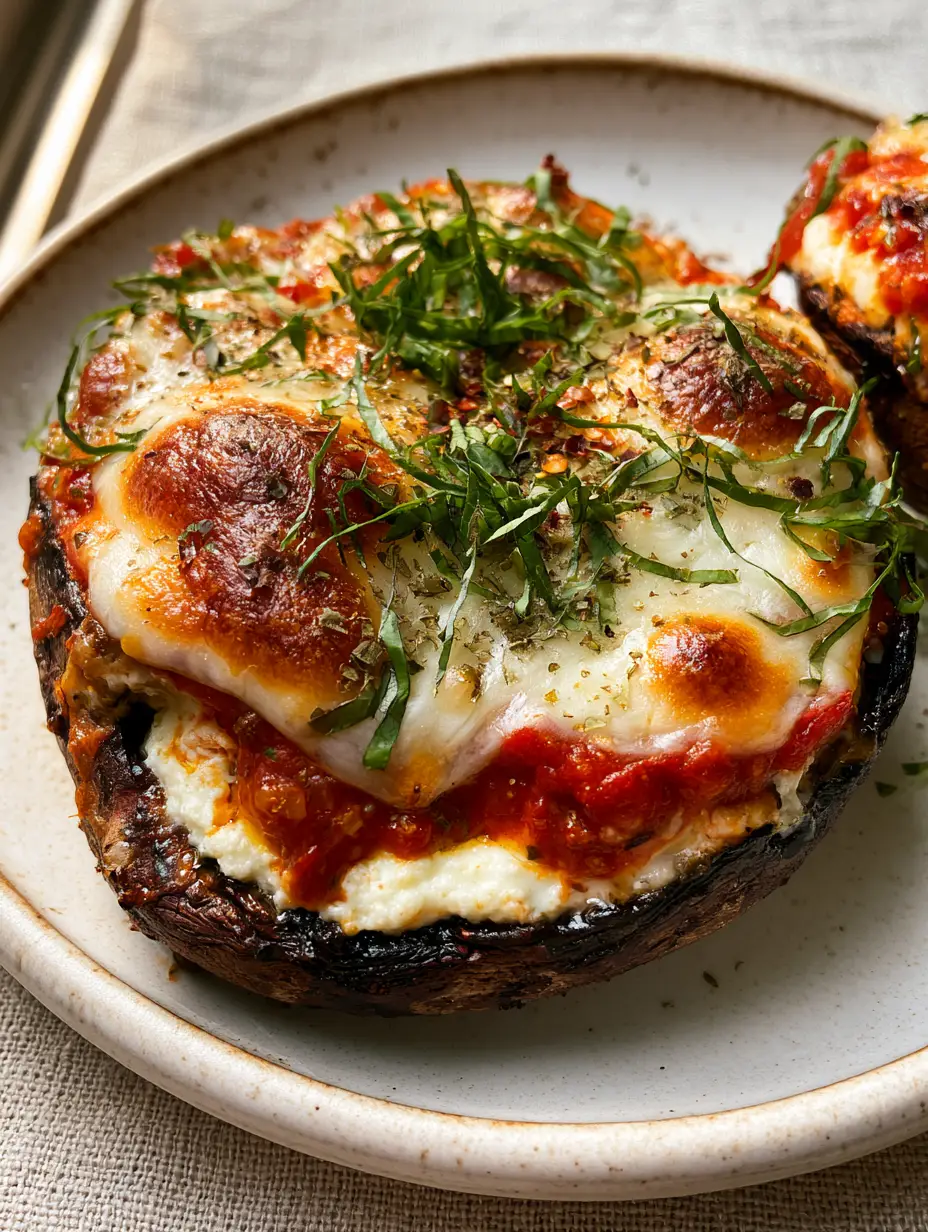 Close-up high-angle shot of two lasagna stuffed portobello mushrooms on a white ceramic plate with golden brown cheese spots.