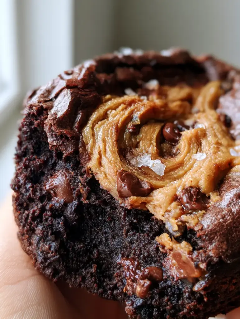 Extreme close-up of a hand lifting a thick, ultra-fudgy flourless chocolate peanut butter brownie revealing a moist interior. (flourless chocolate peanut butter brownies)