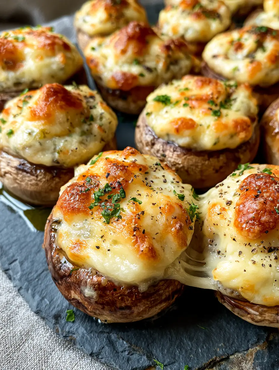 Garlic Parmesan-Stuffed Mushrooms: The Ultimate Party Appetizer 3 High-angle macro close-up of Garlic Parmesan-Stuffed Mushrooms showing melted white cheddar and parmesan cheese on roasted cremini.
