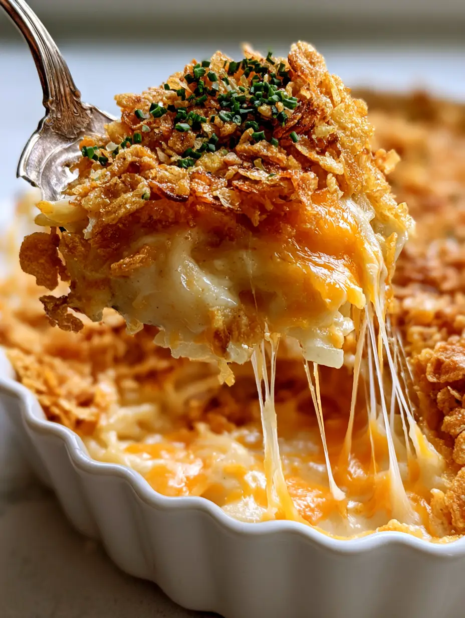 Smartphone photo of cheesy potato casserole in a white ruffled dish with golden cornflakes and chives.