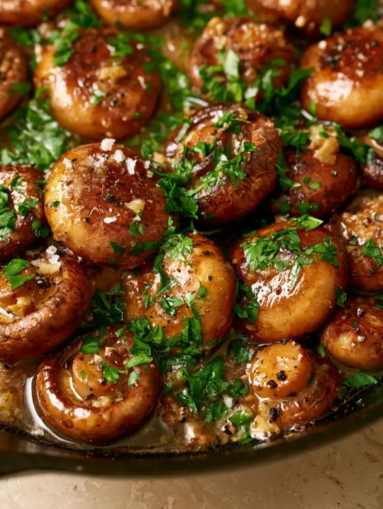 Creamy Garlic Mushrooms: The Secret to Restaurant-Quality Skillet Sides 1 Close-up of glossy garlic butter sauce coating mushrooms in a rustic skillet. (creamy garlic mushrooms)