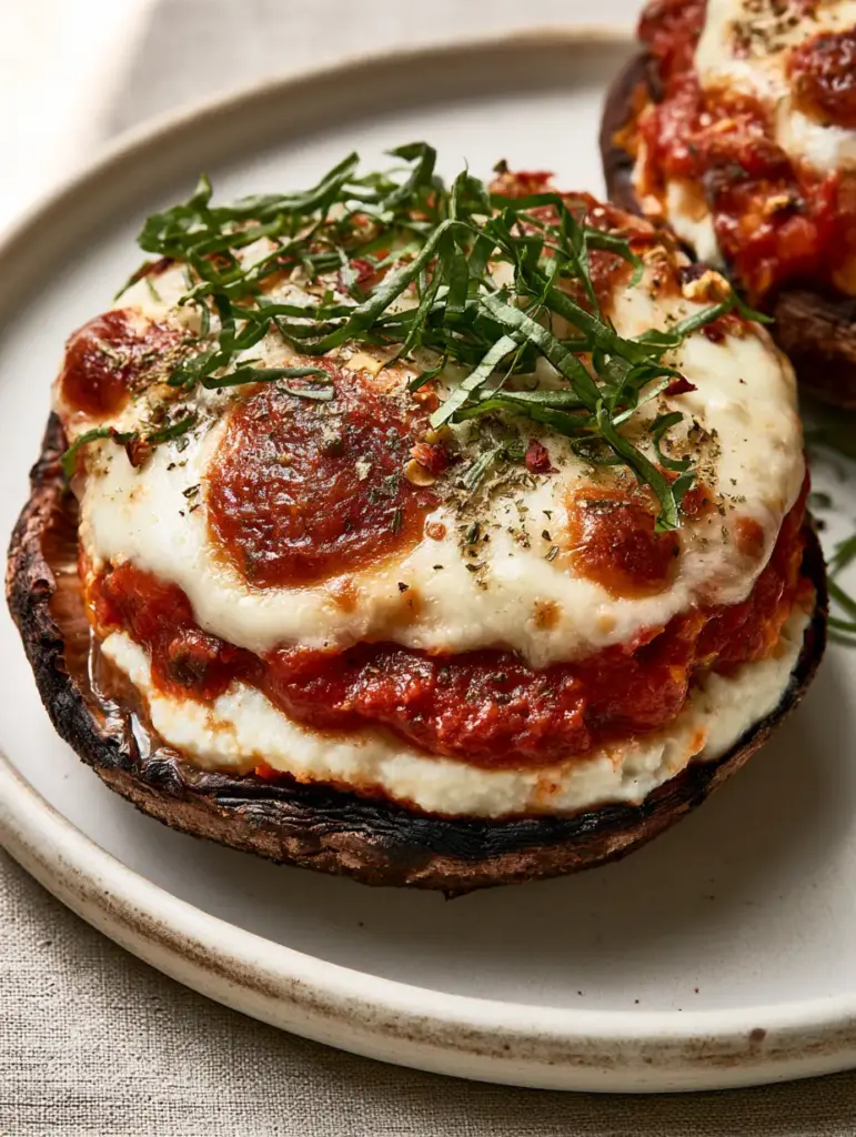 Side view of lasagna stuffed portobello mushrooms showing the layers of ricotta, marinara, and melted mozzarella.