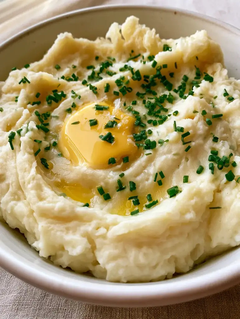 Close-up of melting grass-fed butter creating golden pools in the crevices of homemade mashed potatoes topped with flaky salt.
