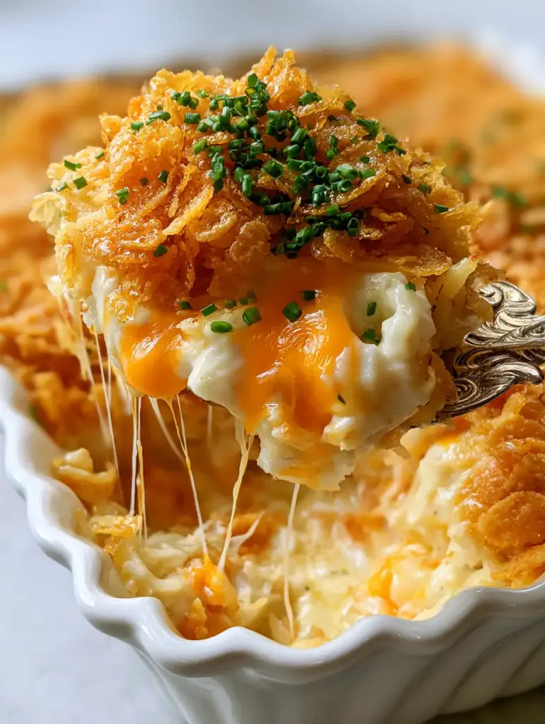 A vintage silver spoon lifting a scoop of cheesy potato casserole showing molten cheddar pockets.