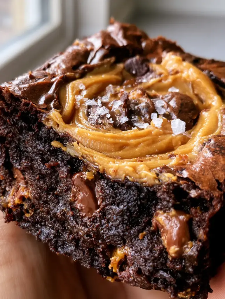 Top view of a brownie pan featuring a golden peanut butter swirl and dark chocolate chips. (flourless chocolate peanut butter brownies)