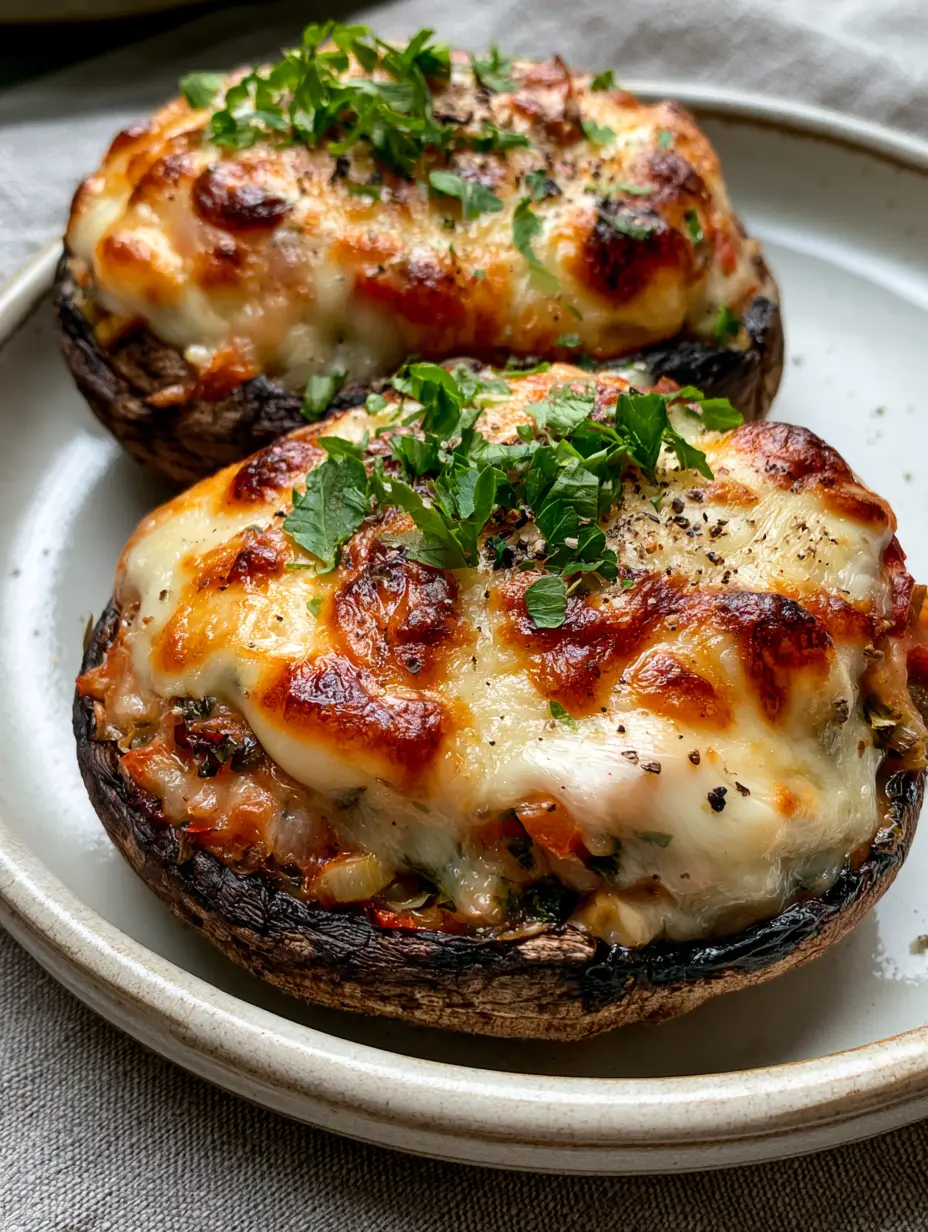 Close up shot of roasted portabella mushrooms showing meaty texture and bubbling mozzarella cheese. (Vegetable Stuffed Portabella Mushrooms)