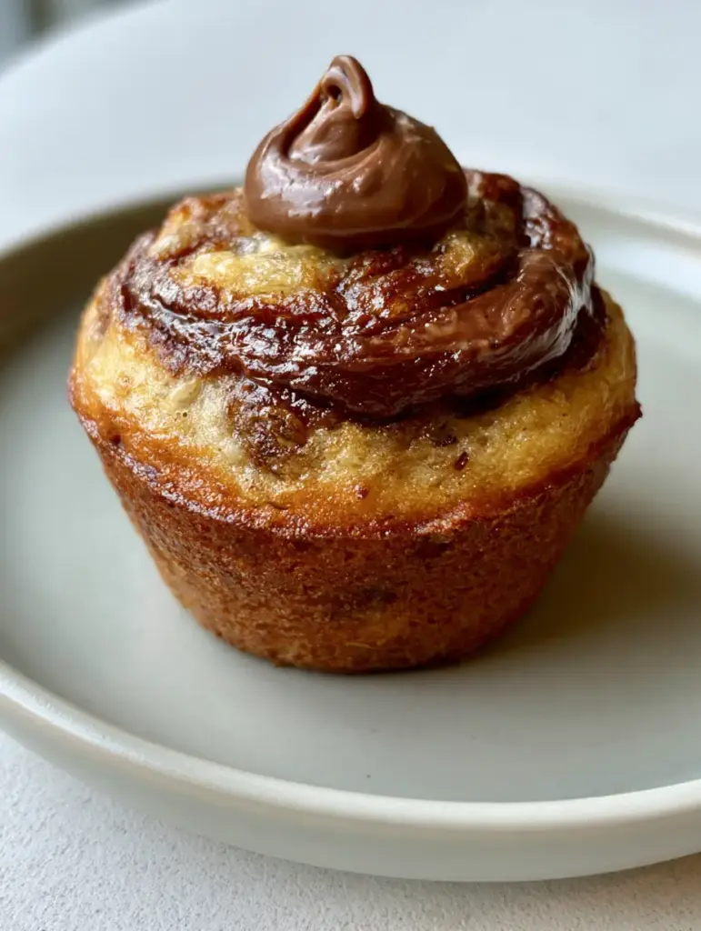 Nutella Banana Swirl Muffins: The Ultimate Bakery-Style Recipe 1 Nutella Banana Swirl Muffins on a light-gray ceramic plate with natural morning sunlight.