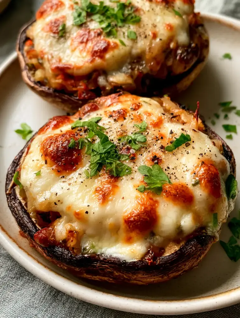 High angle shot of two large roasted mushrooms served on a rustic ceramic plate with fresh parsley.