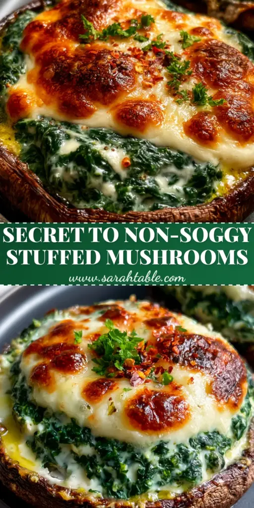 Vertical shot of two golden-brown Spinach Stuffed Portobello Mushrooms with bubbling cheese and fresh parsley garnish.