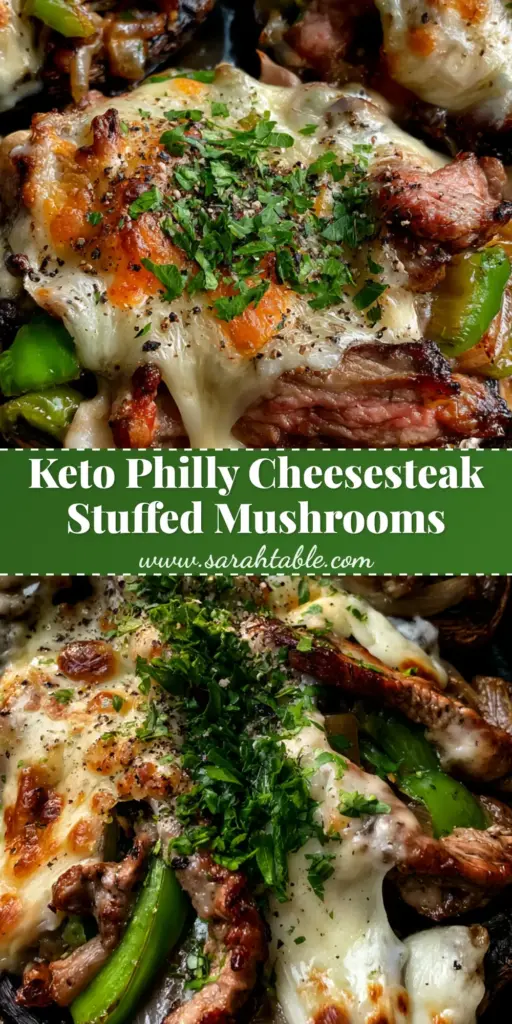 Philly Cheesesteak Stuffed Portobello Mushrooms (Easy Low Carb Recipe) 3 A close-up shot of two Philly cheesesteak stuffed portobello mushrooms topped with melted, bubbly provolone cheese and fresh parsley in a cast iron skillet.