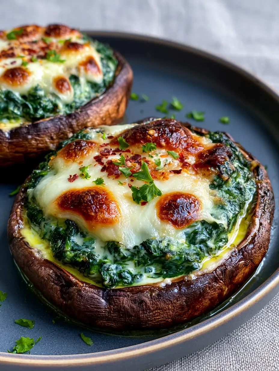 Extreme macro close-up of Spinach Stuffed Portobello Mushrooms showing seared edges and glistening garlic butter.
