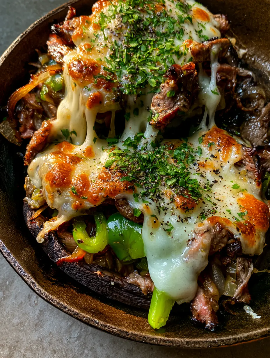 Philly Cheesesteak Stuffed Portobello Mushrooms (Easy Low Carb Recipe) 4 Top-down view of two large roasted portobello caps overflowing with seared ribeye steak and green peppers. (Philly cheesesteak stuffed portobello mushrooms)