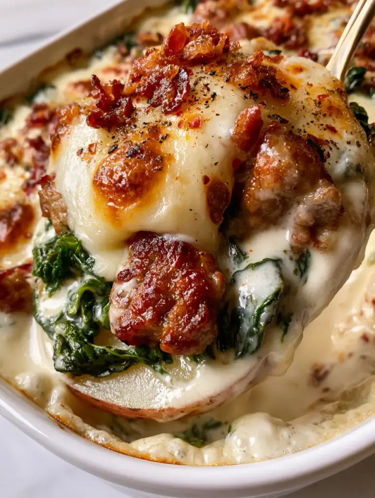 Zuppa Toscana Casserole: The Ultimate Creamy Italian Bake 2 Close up of Zuppa Toscana Casserole in a white dish, featuring large chunks of Italian sausage, dark green kale, and a velvety white cream sauce. (Zuppa Toscana Casserole)