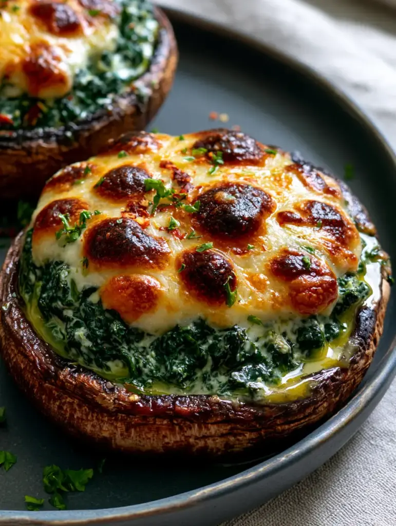 Close up of the creamy emerald green spinach filling inside a roasted portobello mushroom.