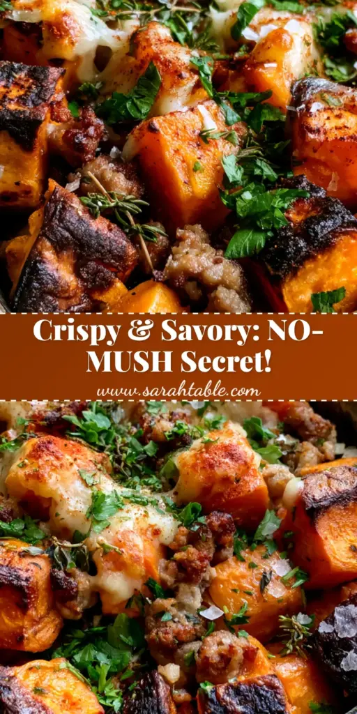 A macro overhead view of a savory sweet potato bake in a grey dish featuring charred orange potato cubes, browned sausage, and melted fontina cheese.