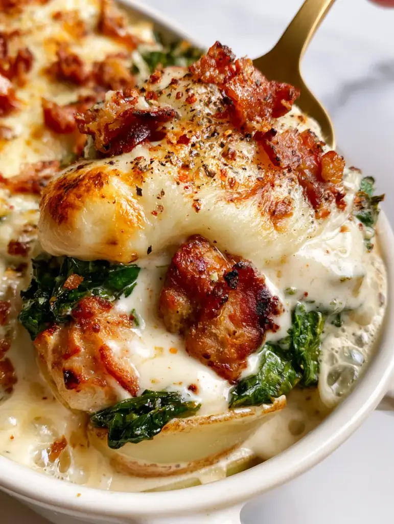 Zuppa Toscana Casserole: The Ultimate Creamy Italian Bake 1 A vertical photo showing the golden-brown toasted mozzarella crust of a Zuppa Toscana Casserole with red pepper flakes and bacon garnish.