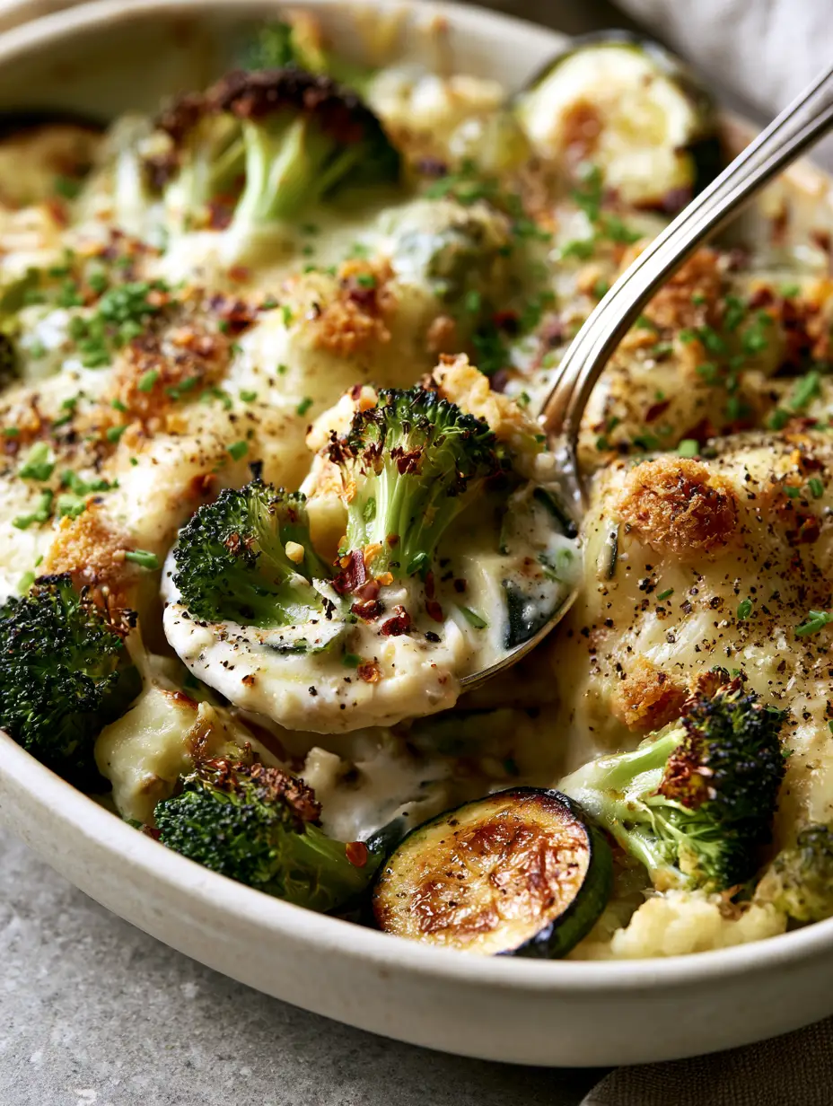 Macro view of charred broccoli and bubbling cheese in a vegetable casserole recipe.