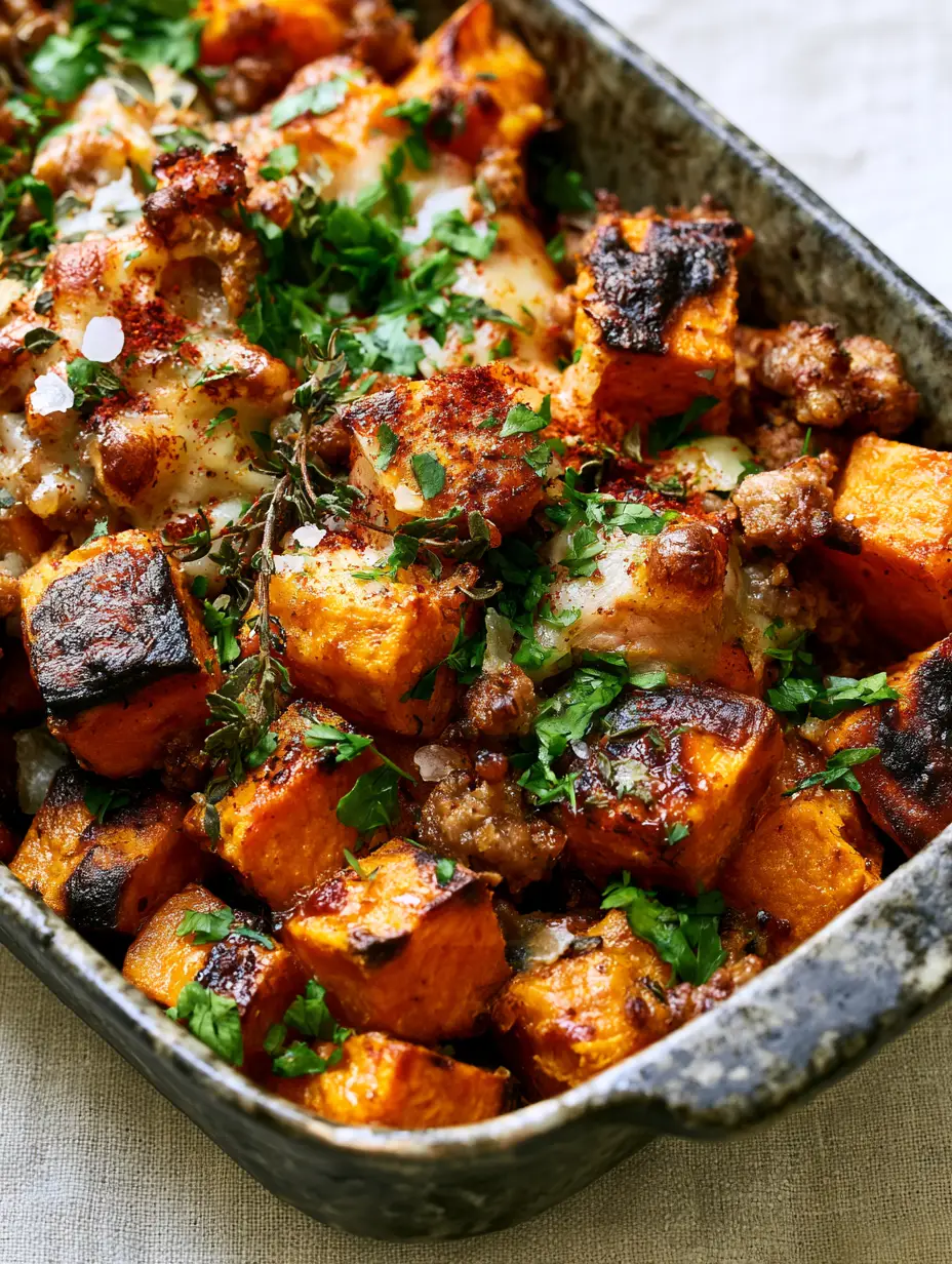 Close-up of roasted sweet potato cubes and seared ground sausage crumbles for a sweet potato bake.
