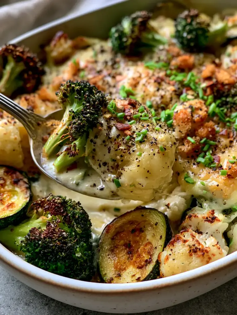A silver spoon lifting a portion of cheesy vegetable casserole recipe revealing thick garlic cream sauce.