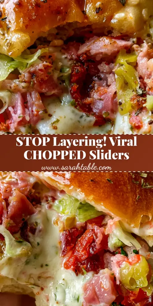 A stack of Viral Chopped Italian Sliders on Hawaiian rolls with melted cheese and garlic butter topping.
