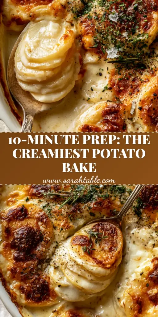 A close-up shot of a creamy potato bake with shingled layers, a vintage spoon lifting a portion, and a golden cheese crust. (creamy potato bake)