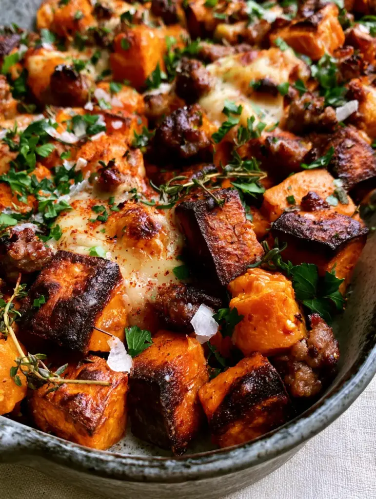 Detail shot of melted white fontina cheese lattice with golden bubbles over a sweet potato bake.