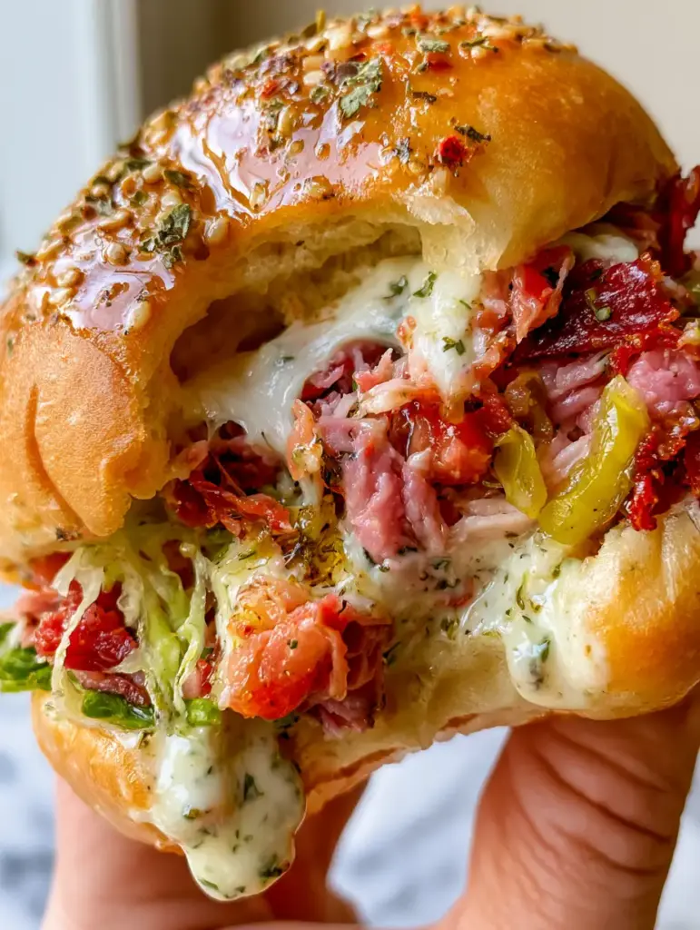 Extreme close-up of a Chopped Italian Slider with a bite taken out, showing salami, pepperoni, and stretchy provolone.