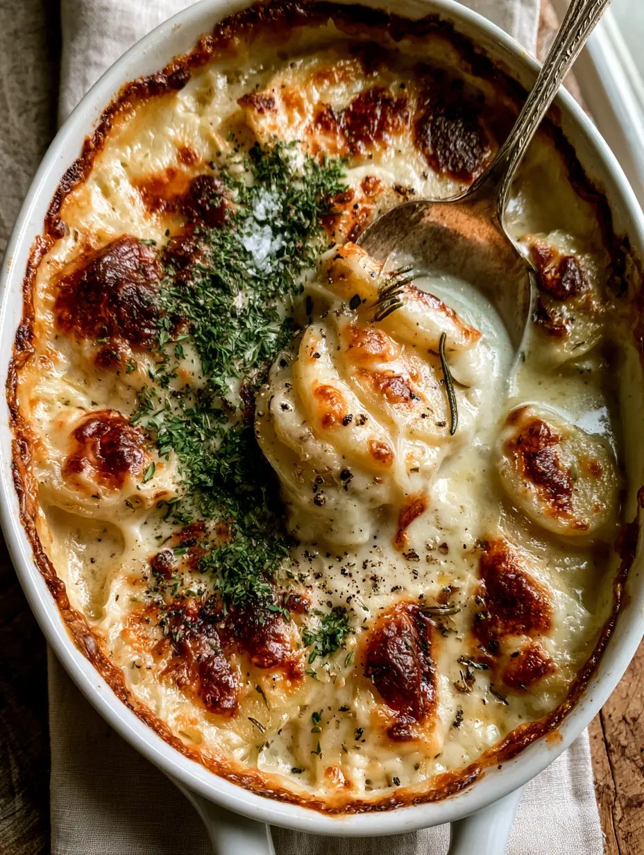 Top-down view of a creamy potato bake in a white ceramic dish showing golden-brown cheese spots and fresh thyme garnish. (creamy potato bake)