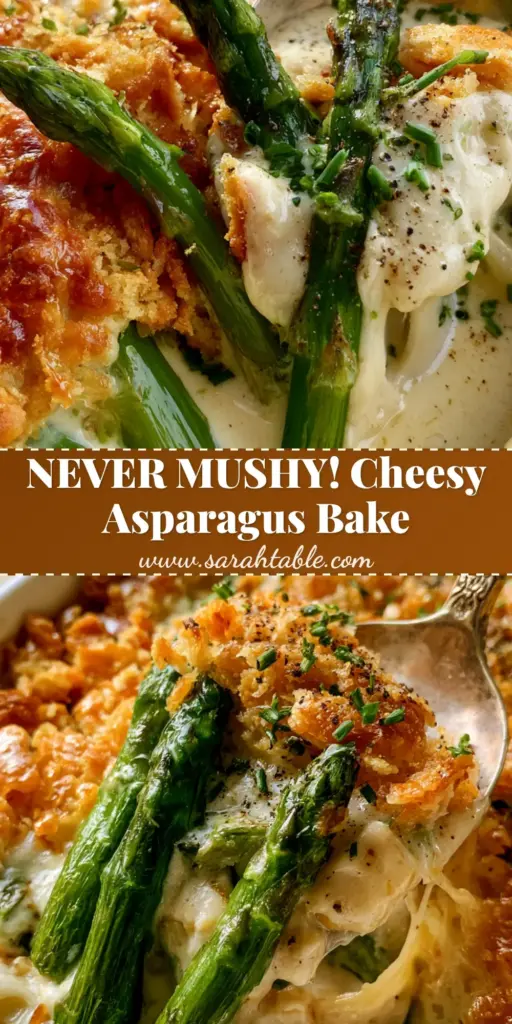 A close-up of a bubbling asparagus casserole in a white dish with a thick toasted Ritz cracker crust and melted white cheddar cheese pull.