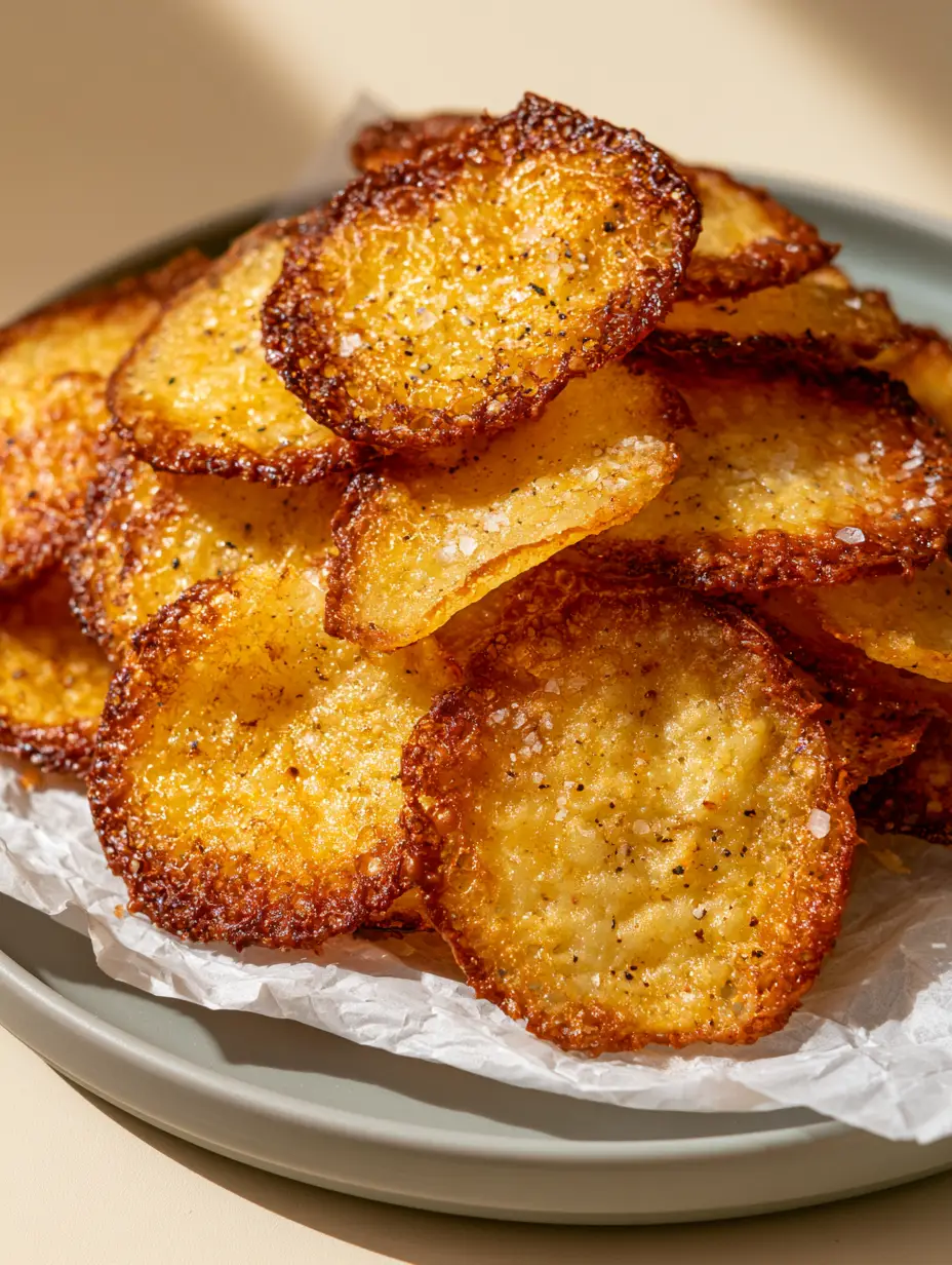 Macro high-angle shot of lacy Baked Cottage Cheese Chips showing bubbled texture and sea salt flakes.